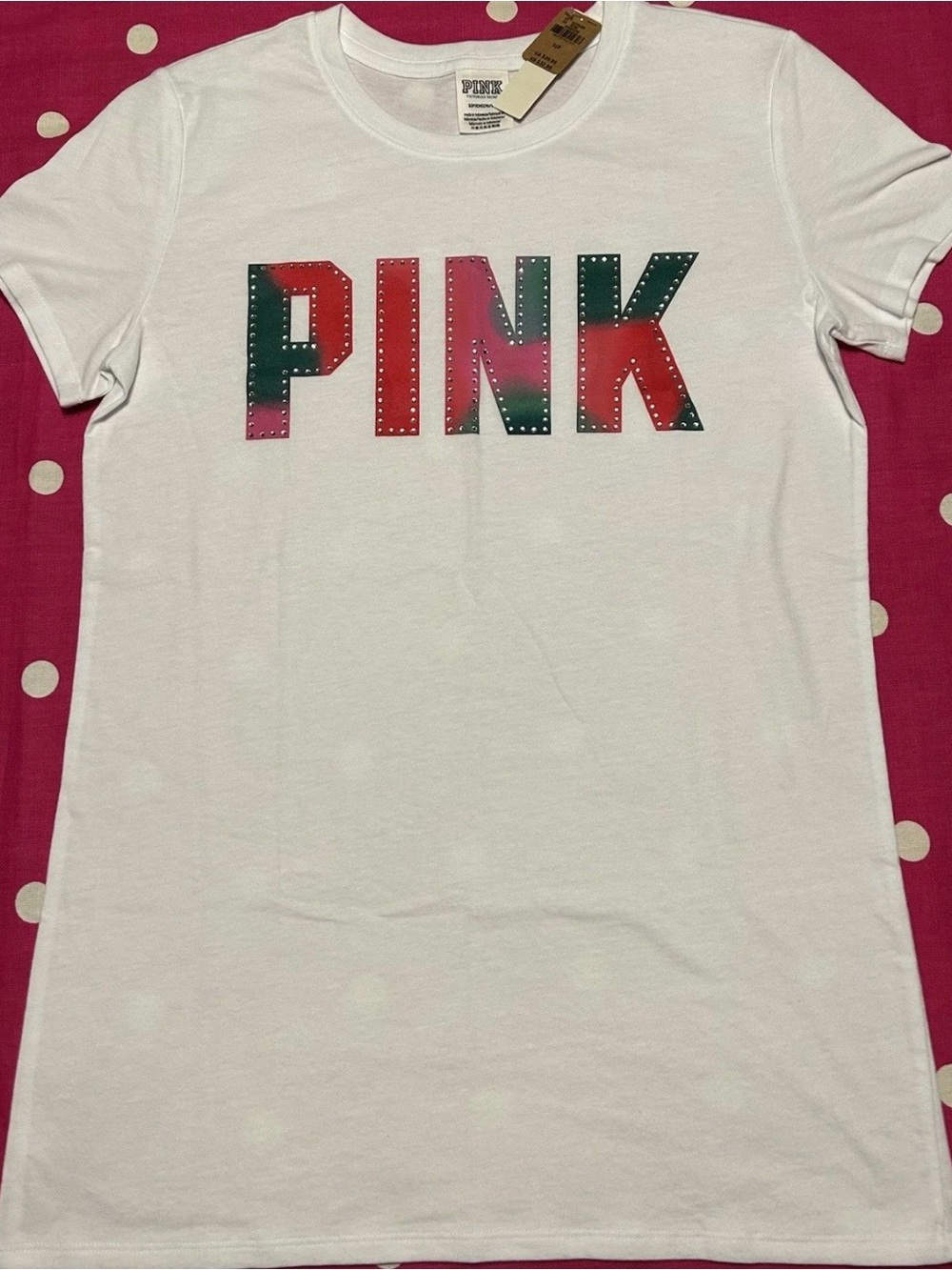 PINK Victoria's Secret White Tee with Red & Green Logo Graphic